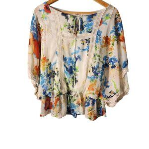 Flowy‎ Oversized Floral Peasant Milkmaid Blouse w/Lace Trim & Tie Neck Sz. S